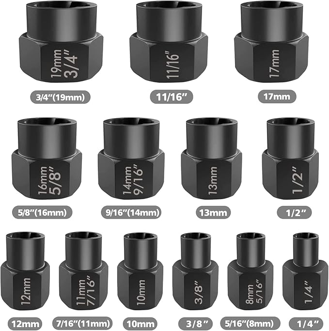 Eapele 13pcs Bolt Extractor Set, Stripped Nut Remover Twist Sockets, Fit 3/8" Square Drive with Solid Storage Case, Stripped Bolt Extractor (13pcs, Black)