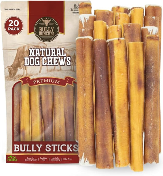 Bully Bunches Premium 6 Inch Thick Odor-Free Bully Sticks for Small & Medium Dogs - Consistently Sized, Long Lasting Chews for Oral Care- All Natural & Single Ingredient, 100% Beef Dog Treat (20 Pk)