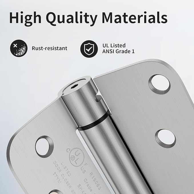 4 Pack Self Closing Door Hinges, 4 Inch Spring Loaded Door Hinges with 5/8'' Radius Corners, Adjustable Tension for Garage, Front, Back Door, UL Listed, Left and Right Hand, Brushed Nickel