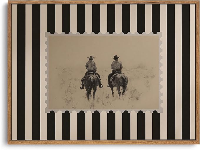 ZZLWBKGL Western Wall Decor Vintage Framed Wall Art Cowboy Canvas Art | Rustic Striped Artwork Retro Stamp Picture Mid Century Paintings for Living Room Bedroom 16x24in