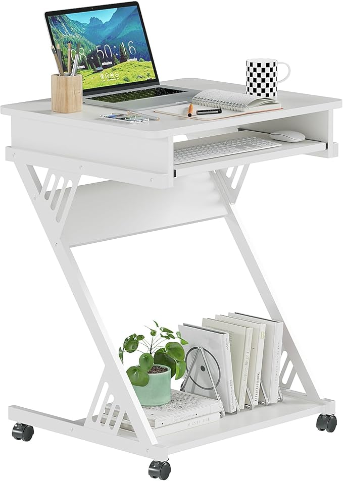 ALISENED Computer Desk for Small Spaces Compact Desk with Keyboard Tray | 23.6" Z-Shaped, with Wheels and Bottom Shelves, for Home Office, Computer Cart Mobile Laptop Cart, White