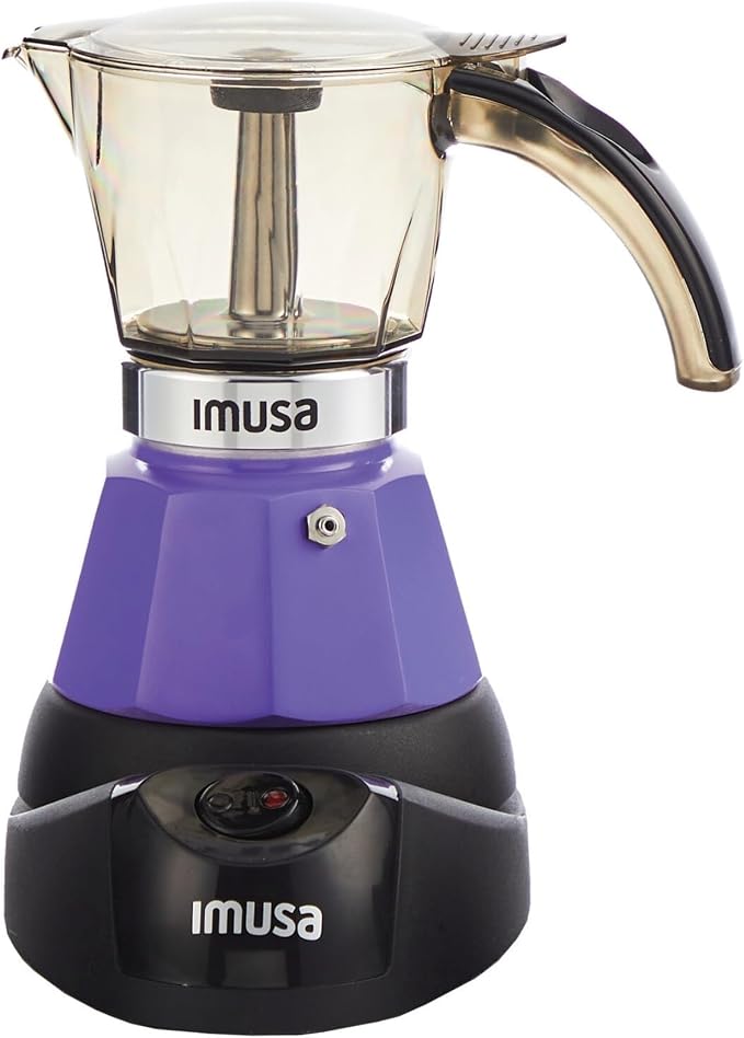 IMUSA 3 or 2 Cup Electric Espresso Maker with Cool-touch Handle, Purple | Bare Aluminum Finish, Detachable Base, Ideal for Espresso, Perfect for Everyday Use