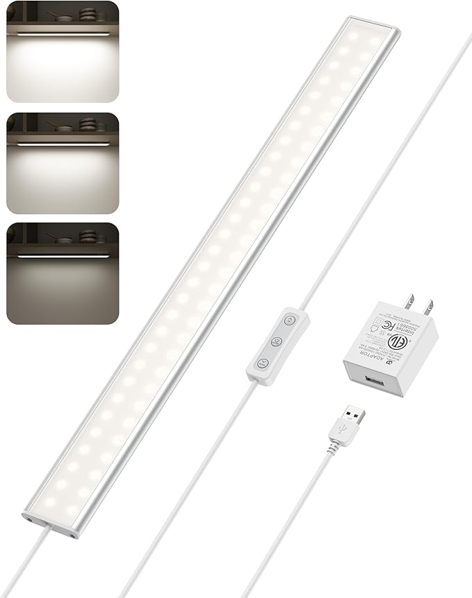 ASOKO Under Cabinet Lighting, Upgrade 16inch LED Closet Light with Dimmable 4500K Daylight White and Memory Function, Plug-in Under Counter Lights for Kitchen/Desk/Shelf/Workbench/Display Case/Room
