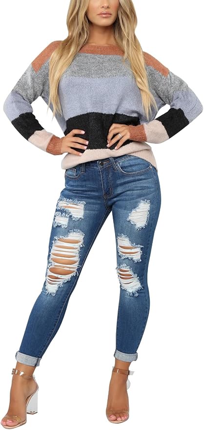 KUNMI Women's Skinny Ripped Trendy Jeans Distressed Stretchy Denim Pants