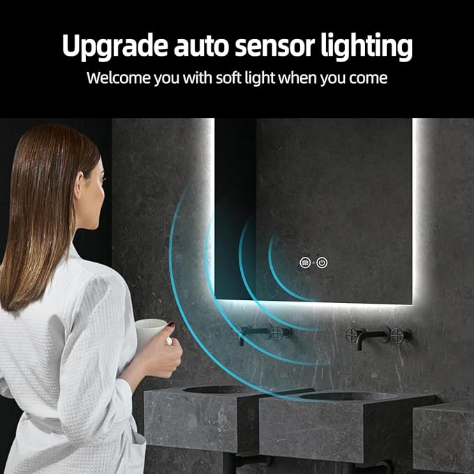 Backlit LED Bathroom Mirror, Infrared Motion Sensor Vanity Mirror with 3-Color Lights, Stepless Dimmable Wall Lighted Mirror with Anti-Fog, Memory, Rectangular (36" H x 24" W)