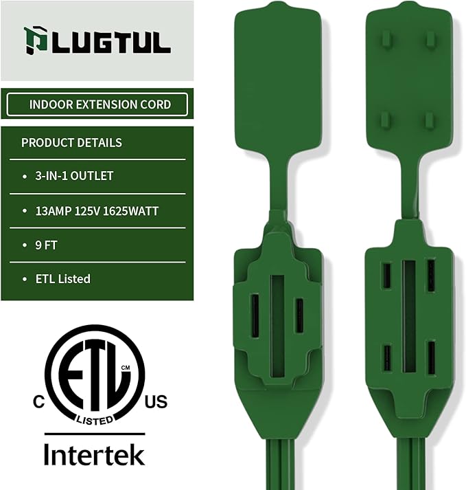 PLUGTUL Indoor Green Extension Cord 9 Feet, 3-Outlet Household Extension Cord, 2 Prong, 16 Gauge, 3 Polarized Outlets with Safety Cap Protect for Home Office, 16/2 SPT-2 ETL Listed
