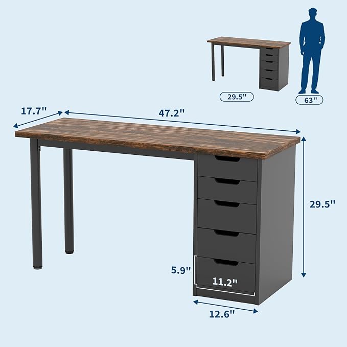 Garvee Computer Desk with 5 Drawers, 47 Inch Modern Simple Study Writing Desk with Storage, Rustic Home Office Desk, Reversible Computer Desk for Small Spaces, Apartments, Dorms, Brown+Black
