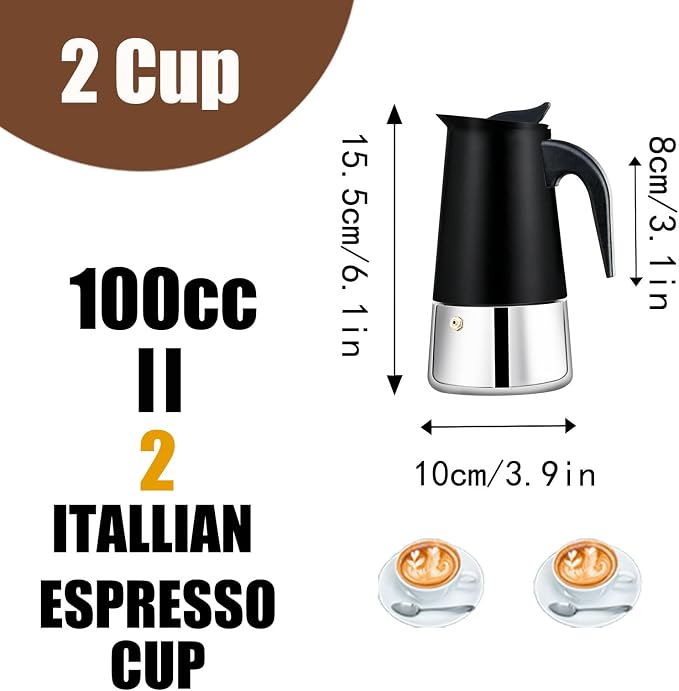 2 Cup Stovetop Espresso Maker Stainless Steel Moka Pot Stove Top Percolator Italian Coffee Makers Capable Mocha Greca Machine Cafe Classic Induction Cookers for Home and Camping 100ml 3.3oz