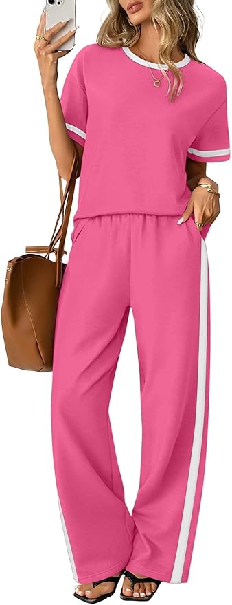 Sampeel 2 Piece Sets for Women Matching Sets Summer Outfits Resort Wear Short Sleeve Lounge Set Wide Leg Pants with Pockets