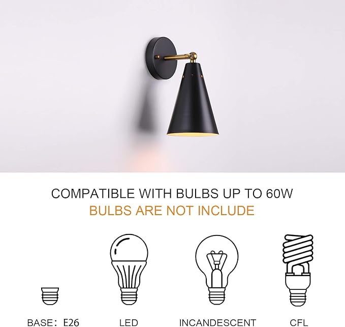 MWZ Modern Black Wall Sconces Lighting, 2 Pack Gold Rustic Lamp Fixture Farmhouse Simplicity Bronze Finish Arm Swing Industrial Wall Lights for Bedroom,Living Room,Reading,Kitchen