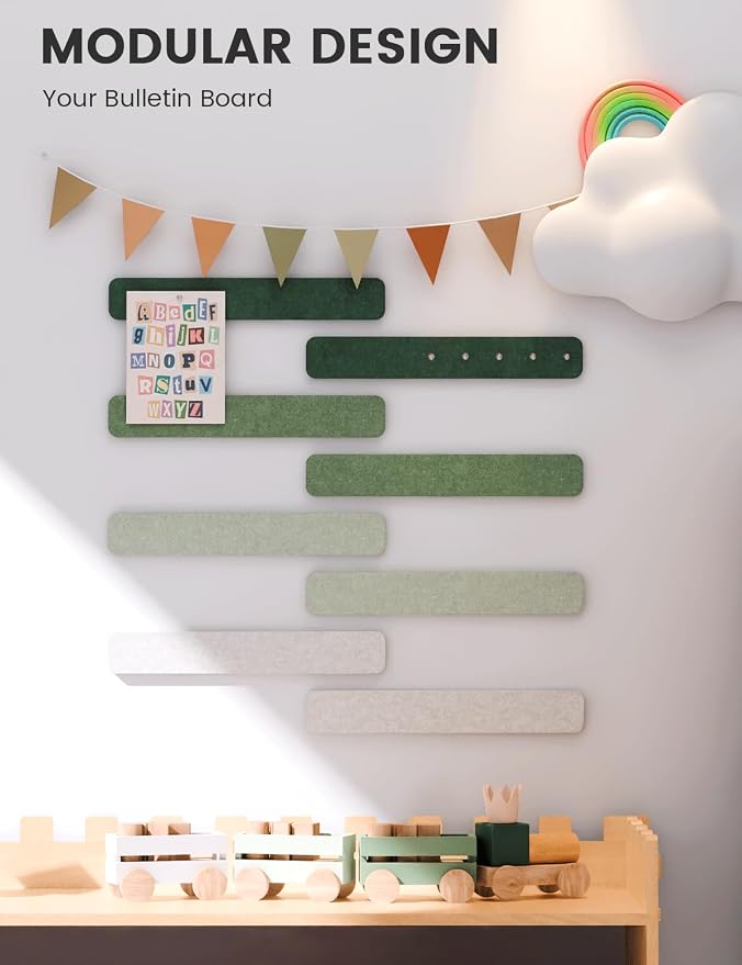Fluxynara 13" x 2" Felt Wall Panels, Sagewood | 8-Pack Includes 50 Push Pins and Adhesive Tabs for Photos, Notes and Decor in Bedroom Doors, Home Office or Studios