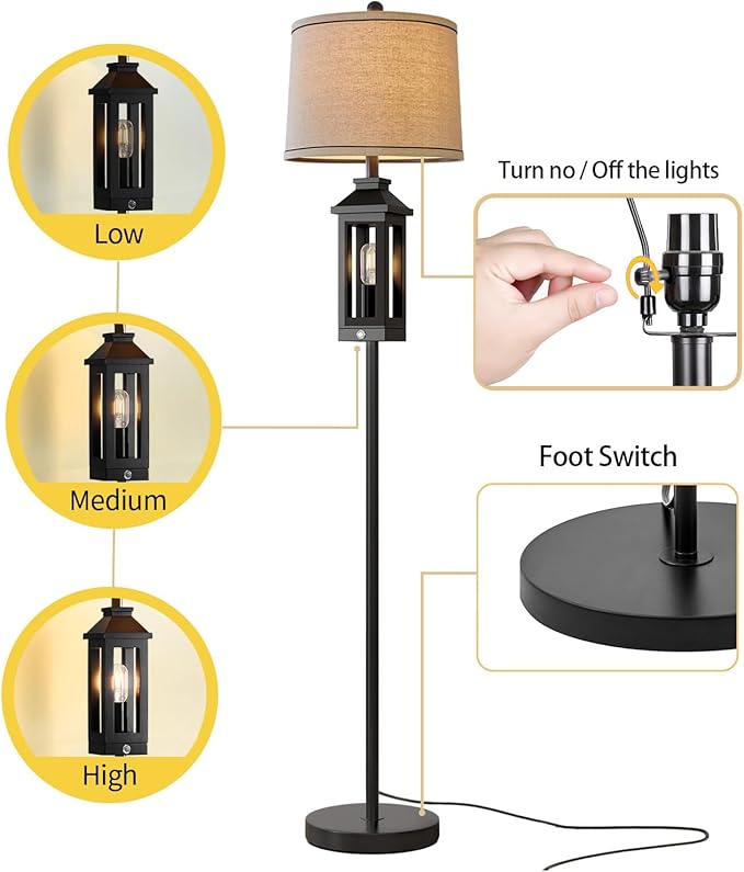 63" Floor Lamps for Living Room Bedside Nightstand Lamp All Black Tall Standing Lamp for Home Decor Bedroom Reading Lamp Farmhouse Rustic Bed Lights with 2 Light Sources (2 Bulbs)