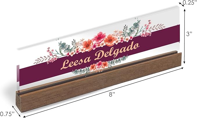 Artblox Personalized Office Desk Name Plate and Business Card Holder | Clear Acrylic Glass with Teak Wood Stand | Wild Flowers Design Customized with Your Name and Credentials Office Desk Decor