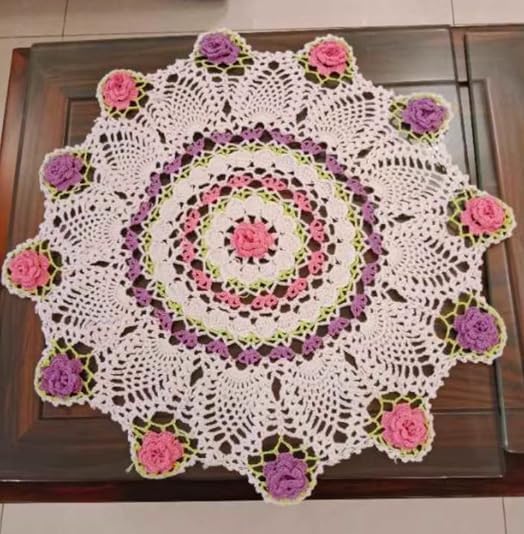 Round Floral Handmade Crochet Tablecloth,1 pc,19.7"x19.7",Cotton Purple & Pink Rose Country-Style Doily for Dining Table, Coffee Table and Nightstand