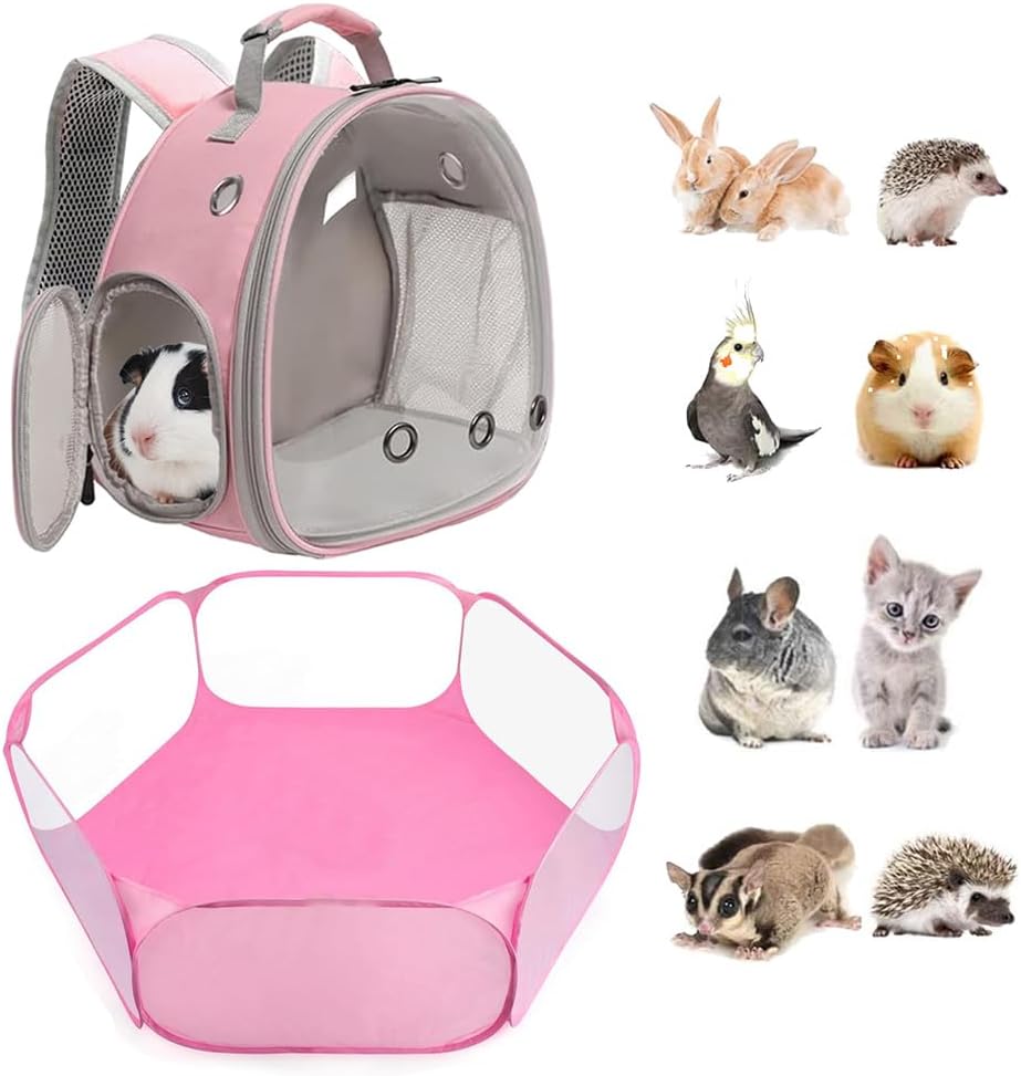 2-Pack Guinea Pig Carrier Backpack and Playpen Set - Breathable Pet Playpen Pop Open Outdoor/Indoor Exercise Fence, Portable Small Animal Backpack for Bearded Dragon, Rabbits, Hamster, Chinchillas