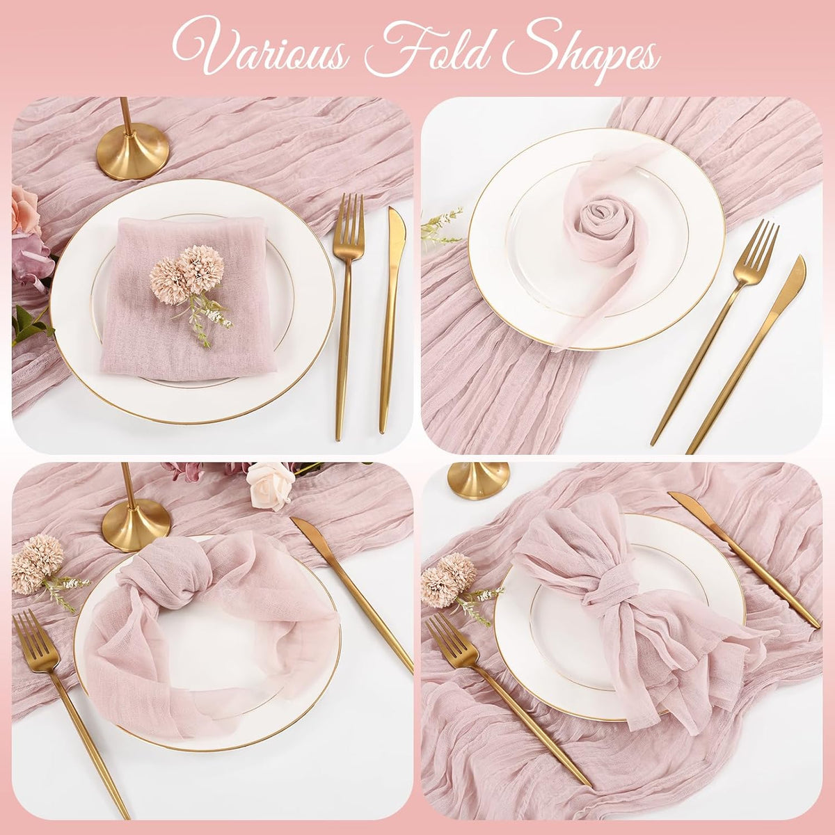 12 Pack Dusty Pink Napkins 20x20 Inch Cheesecloth Napkins Rustic Boho Gauze Dinner Napkin Cloth Washable Elegant Table Napkins for Wedding Party Bridal Baby Shower Table Decor