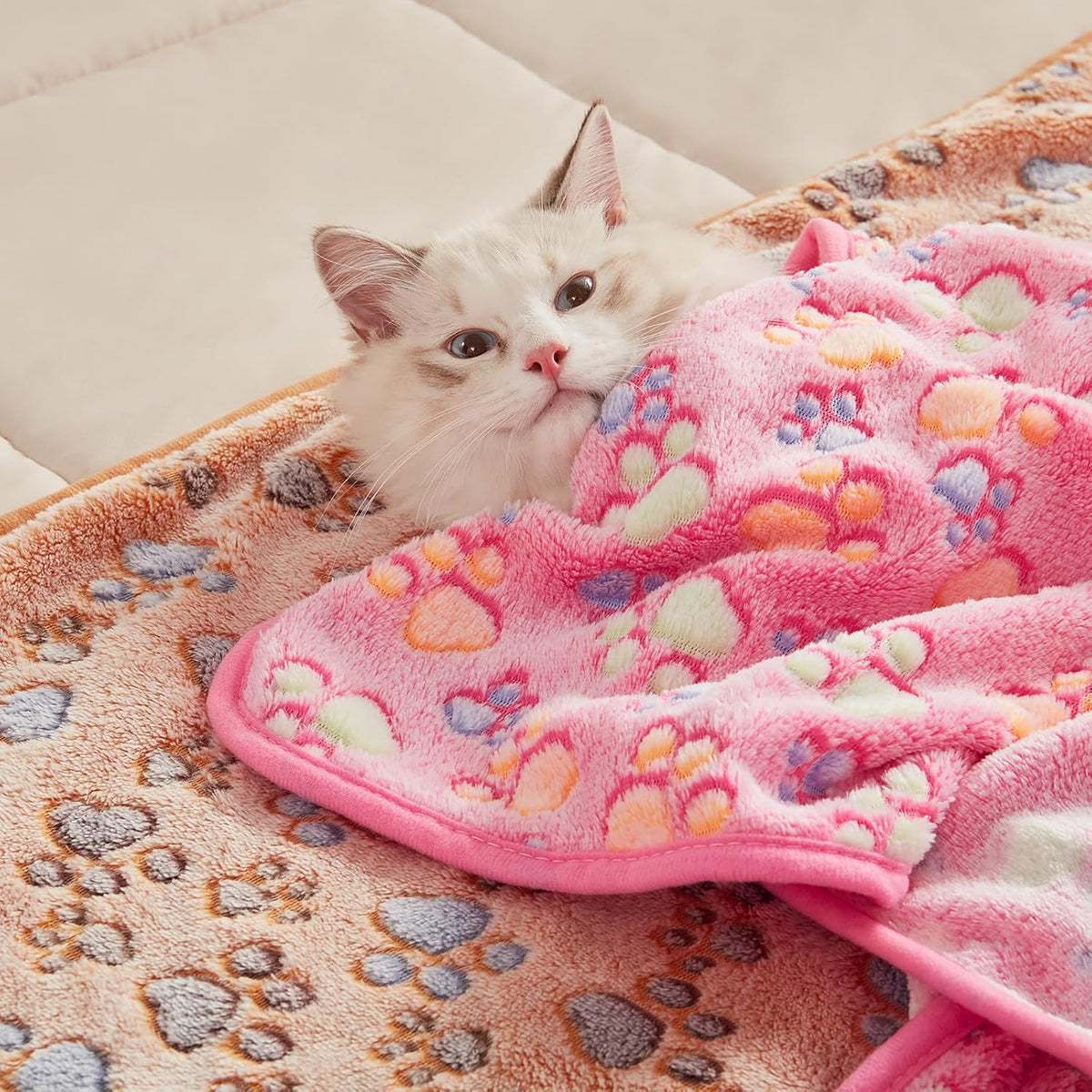 1 Pack 3 Blankets Super Soft Fluffy Premium Fleece Pet Blanket Flannel Throw for Dog Puppy Cat Paw Brown/Pink/White Large(41x31 inch)