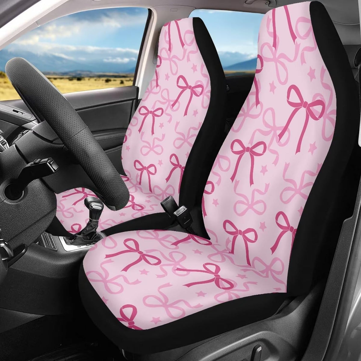 Pink Bow Print Car Seat Covers Front Seats Only for Women, 2 Piece Universal Washable High Back Bucket Seat Covers for Most Cars SUV Trucks, Cute Car Accessories for Girly Interior
