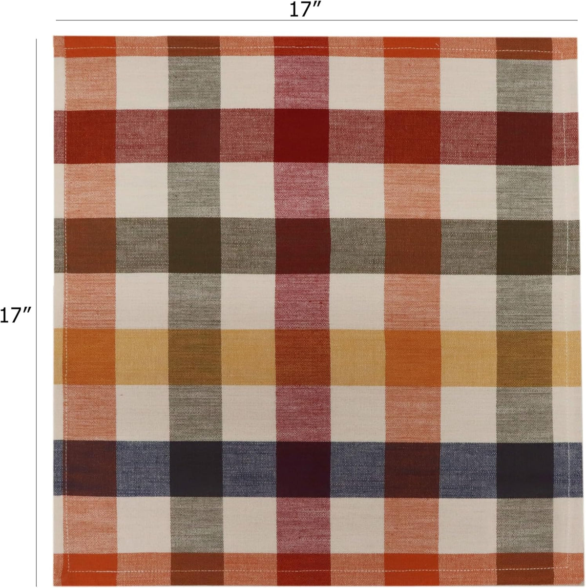 COTTON CRAFT Harvest Checks Cloth Napkins - Set of 12 Pure Cotton Dinner Napkins - Durable Washable Reusable Soft Napkin - Fall Thanksgiving Holiday Party Table Napkin Gift - 17 x 17 - Multicolor