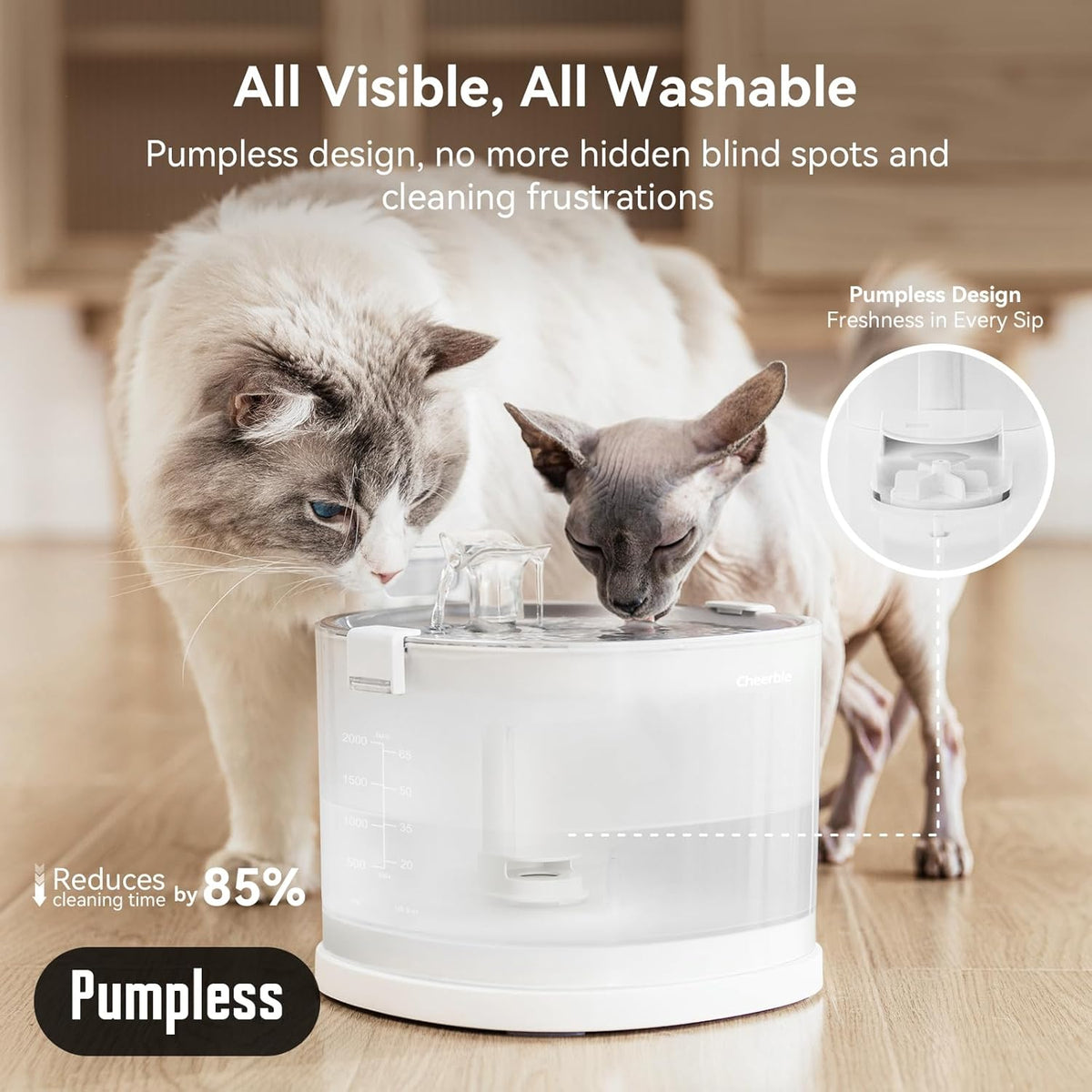 Cheerble Pumpless Pet Fountain Elfin E1+ with 9 Extra Filters, Wireless Pet Fountain Battery Operated, 2L/67oz E1+ Automatic Water Dispenser Cats & Dogs MagDrive™ Technology No Cleaning Hassle