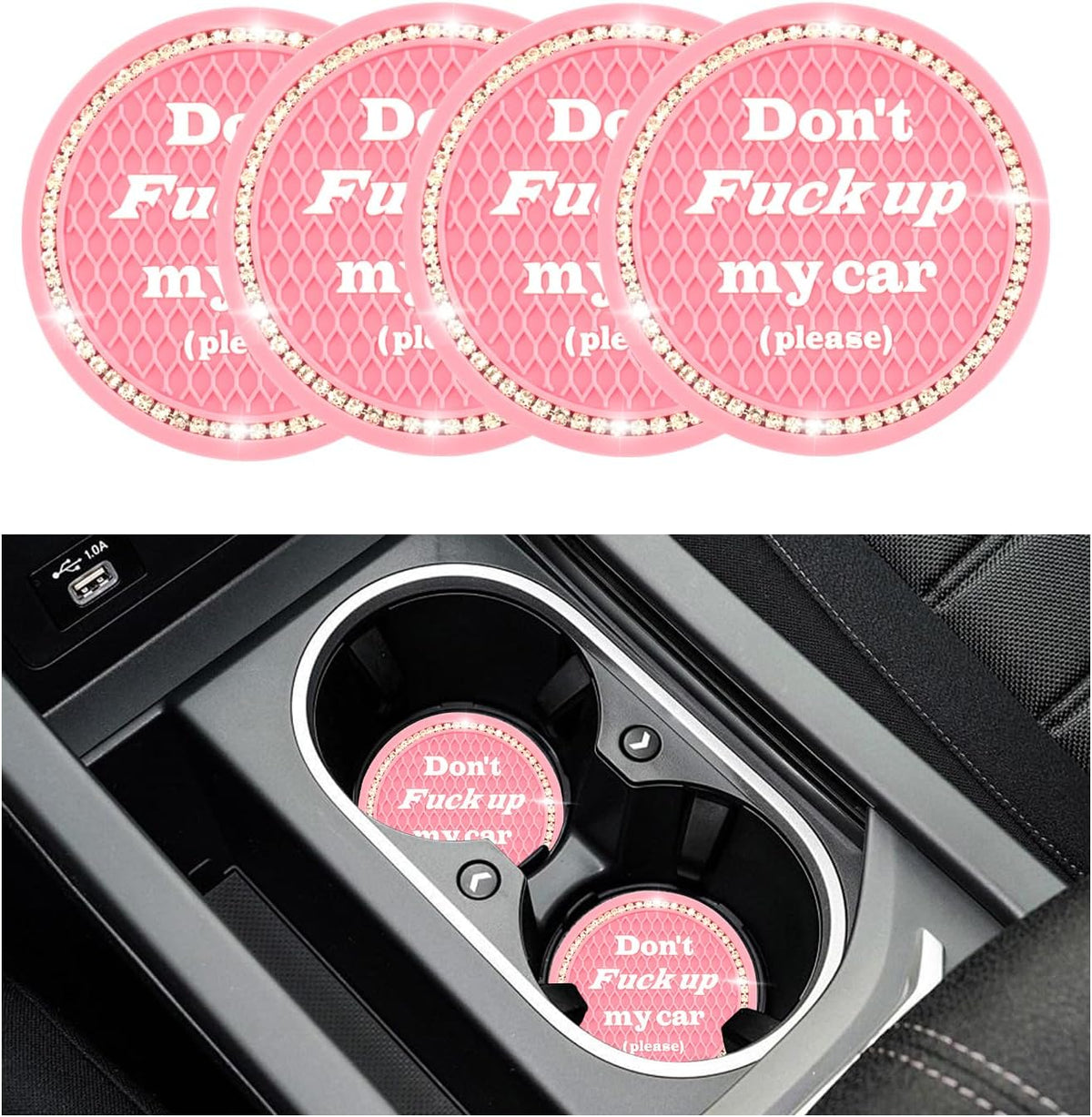 4 PCS Bling Car Cup Coaster, 2.75 Inch Anti-Slip Cup Holder Insert Coasters, Universal Crystal Rhinestone Auto Drink Car Cup Mat, Interior Car Accessories for Women Girls (Pink)