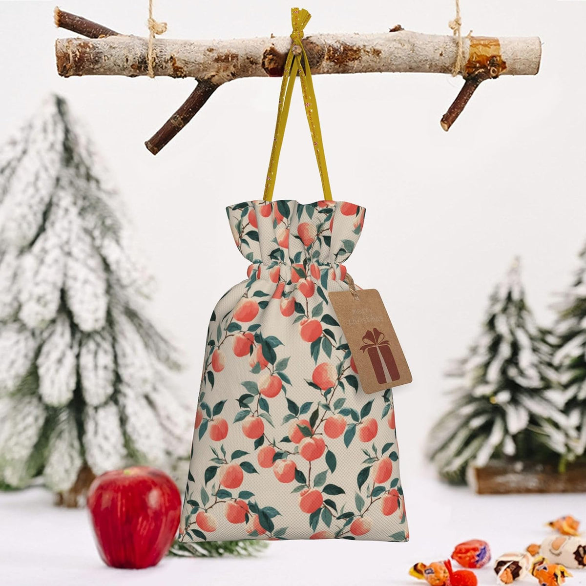 Qewfoju Fruits Peach 3 Pattern Holiday Gift Bags Christmas Burlap Gift Bags Drawstring for Wedding Party Favors Xmas Gifts Couple Shower Small
