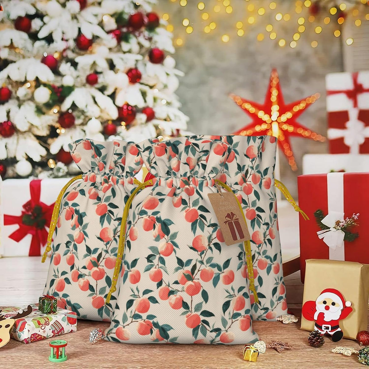 Qewfoju Fruits Peach 3 Pattern Holiday Gift Bags Christmas Burlap Gift Bags Drawstring for Wedding Party Favors Xmas Gifts Couple Shower Small