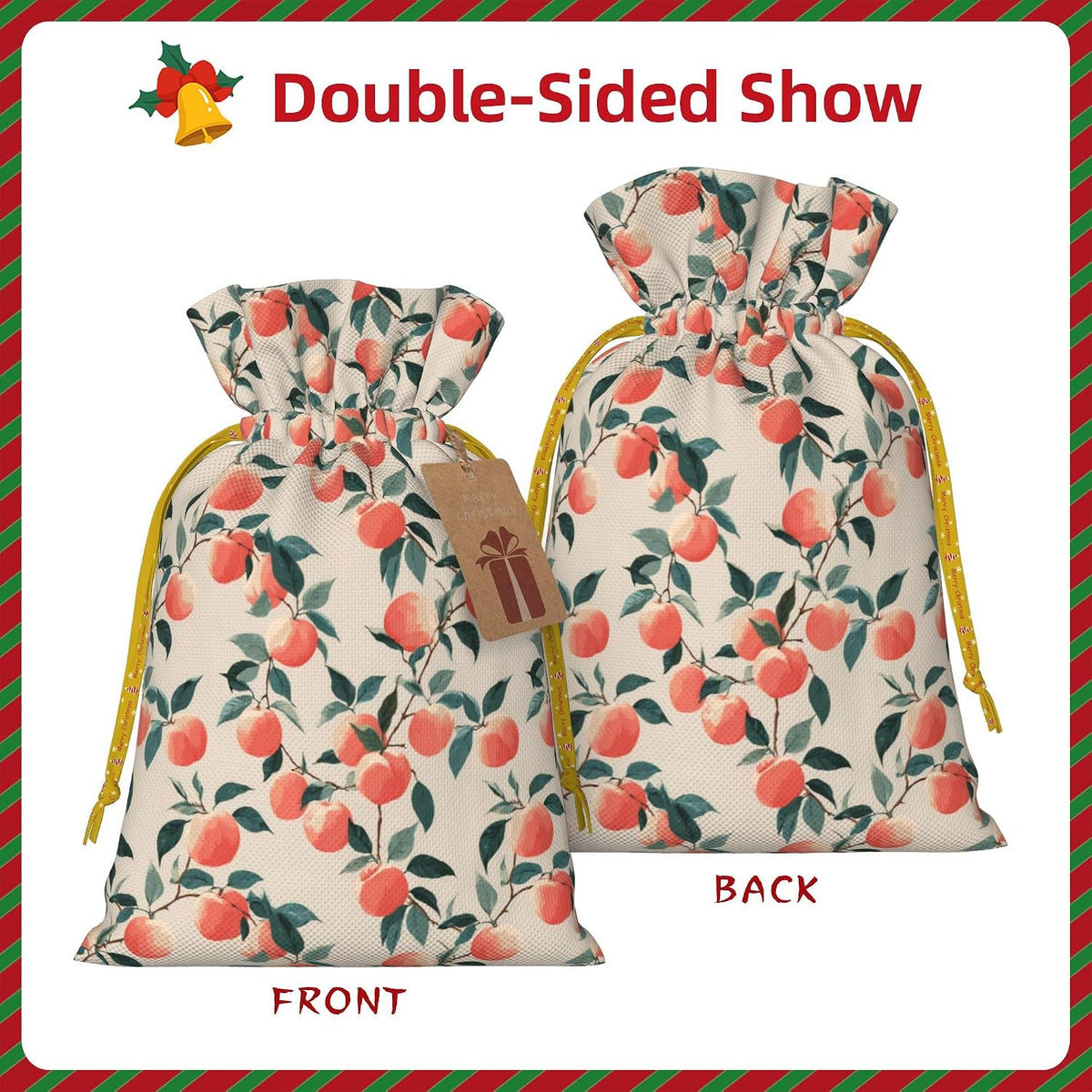 Qewfoju Fruits Peach 3 Pattern Holiday Gift Bags Christmas Burlap Gift Bags Drawstring for Wedding Party Favors Xmas Gifts Couple Shower Small