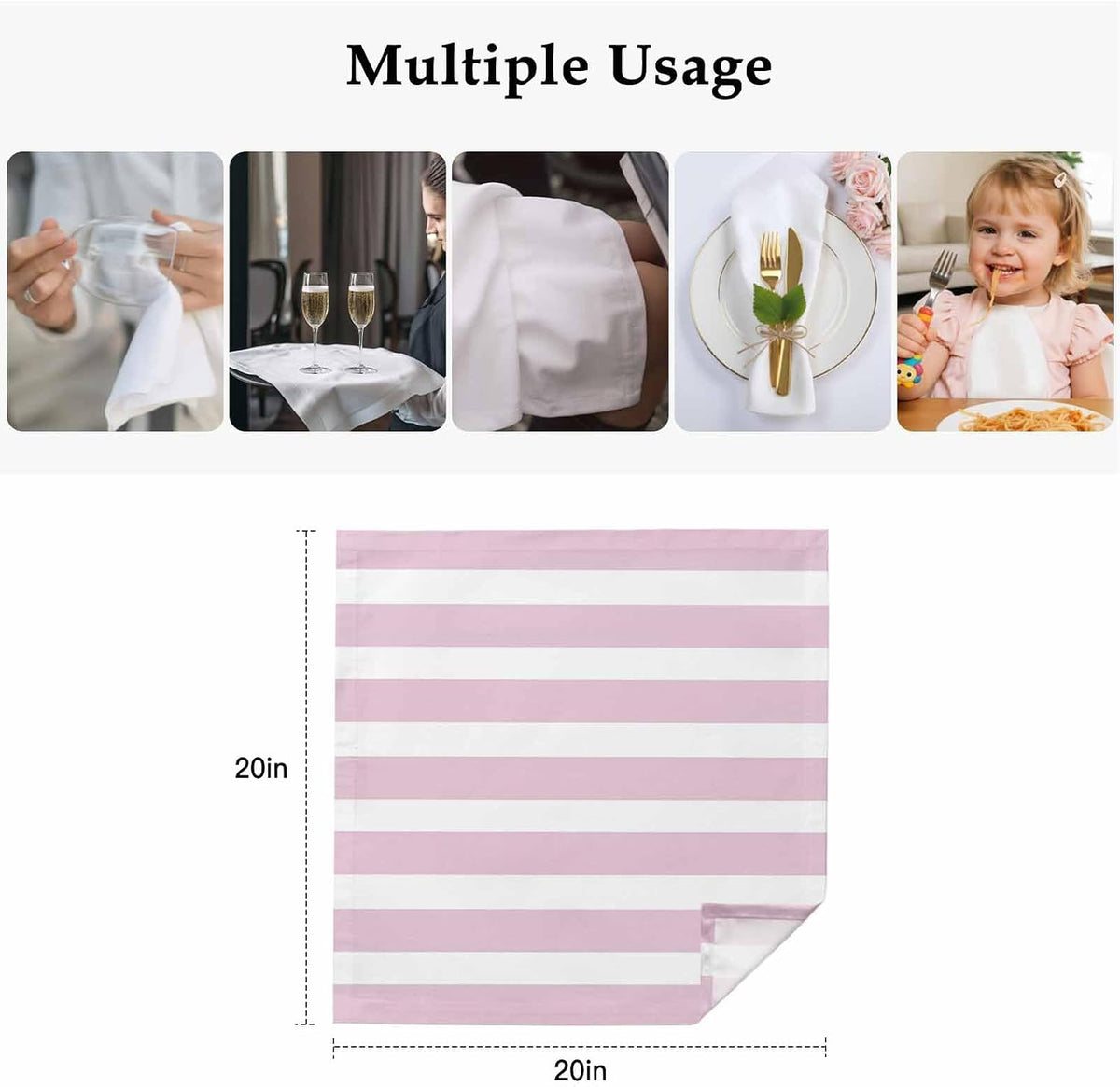 Cloth Napkins Set of 4, Modern Striped Lines Dinner Napkins Soft Absorbent Table Napkin for Home Cocktail Party Wedding, Pink and White