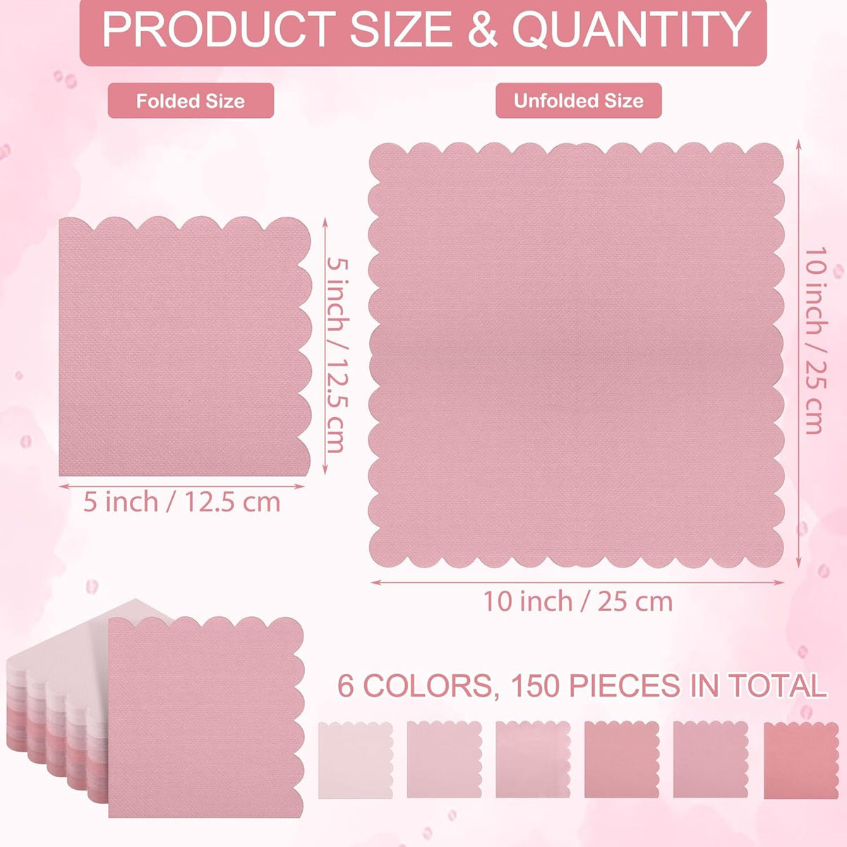 Kochorie 150 Pack Scalloped Napkins Gradient Pink Disposable 2 Ply Mix Color Napkins Beverage Cocktail Napkins for Party Wedding Bridal Shower Dinner, Dusty Pink