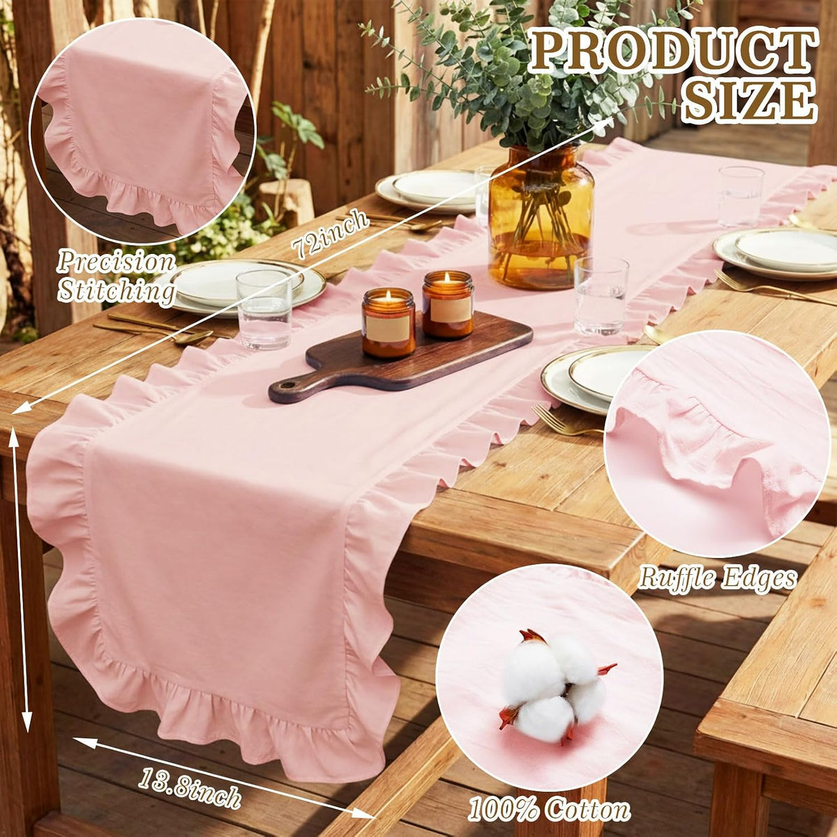 Pink Ruffled Table Runner 72 inch Scalloped Table Runner Cotton Flounces Washable Shabby Farmhouse Rustic Home Kitchen Decoration for Wedding Rectangle Bride Shower Christmas Party