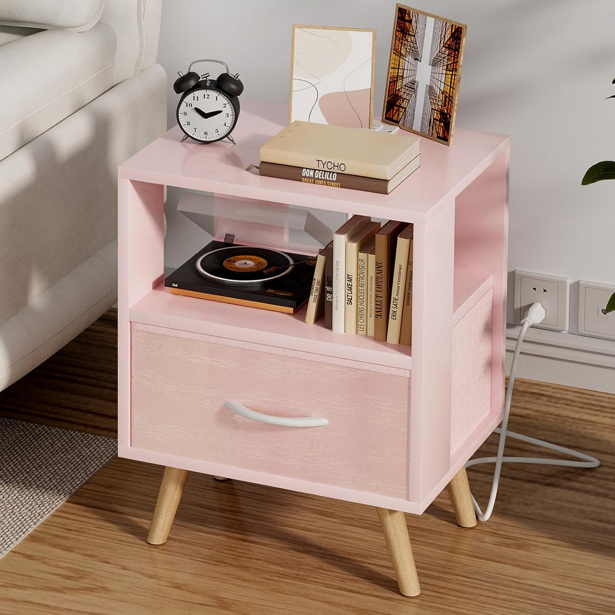 Night Stand with Charging Station, Pink Kids Nightstand with Drawer, 2-Tier Nursery Bedside Table with USB Ports and Outlets, End Table for Small Space, Living Room, Bedroom