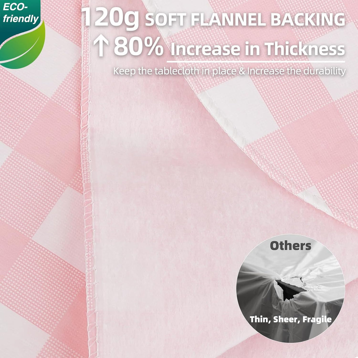 Gingham Vinyl Tablecloth with Flannel Backing for Rectangle Tables Outdoor, 60x84 Inch PEVA Waterproof Plastic Oilcloth, Wipeable Reusable Checkered Cover for Camping,Patio,Picnic,Kitchen, Pink Plaid