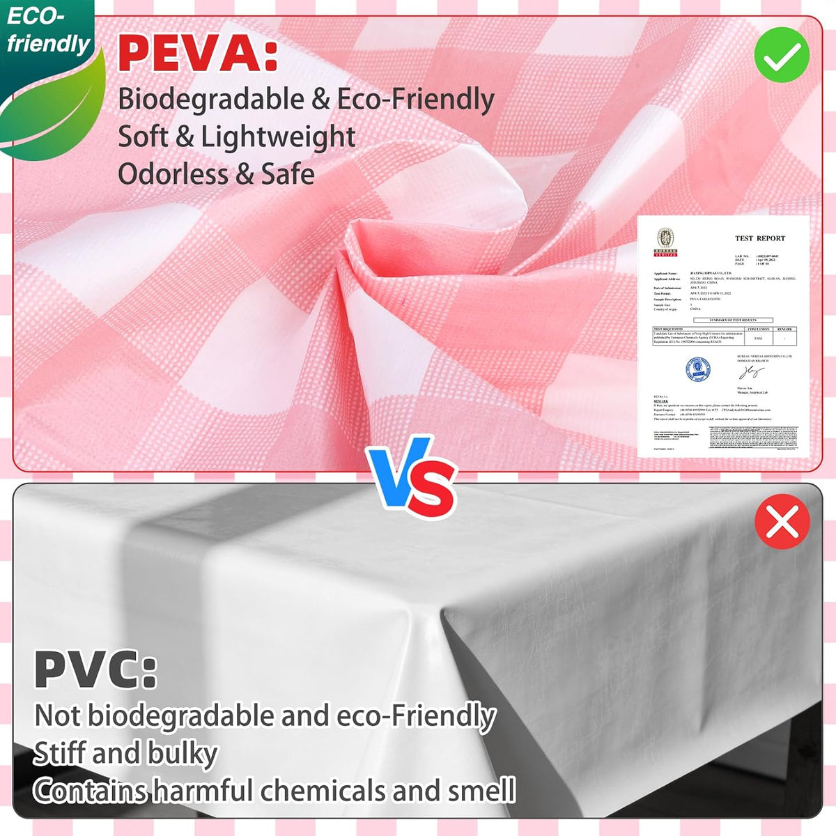 Gingham Vinyl Tablecloth with Flannel Backing for Rectangle Tables Outdoor, 60x84 Inch PEVA Waterproof Plastic Oilcloth, Wipeable Reusable Checkered Cover for Camping,Patio,Picnic,Kitchen, Pink Plaid
