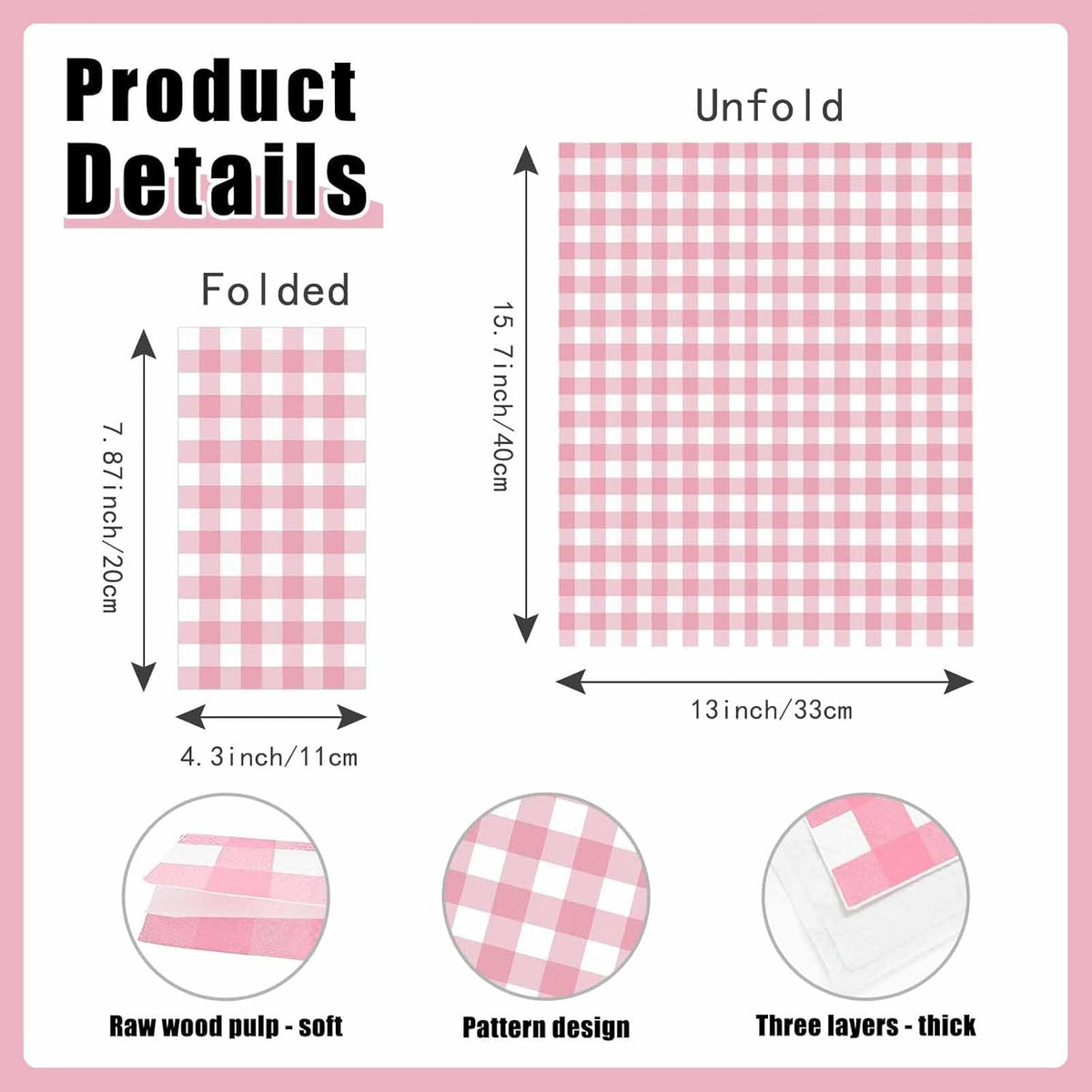 100 Pcs Light Pink Gingham Dinner Napkins 3-Ply Pink and White Buffalo Plaid Napkins Disposable Guest Hand Towels for Bathroom Wedding Birthday Checkered Paper Napkin