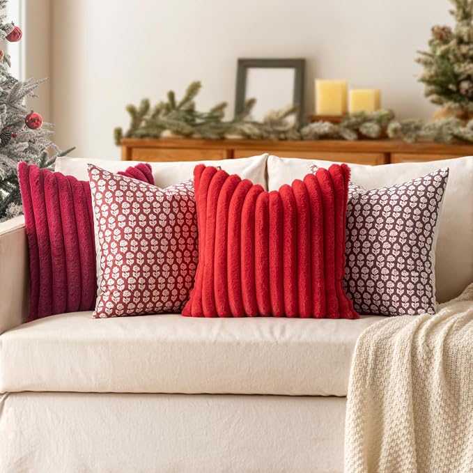 MIULEE Faux Fur Decorative Throw Pillow Covers 20x20 Set of 2 Red | Modern Soft Plush Couch Pillows, Cozy Fluffy Cushion Covers for Sofa Bed Living Room Home Decor