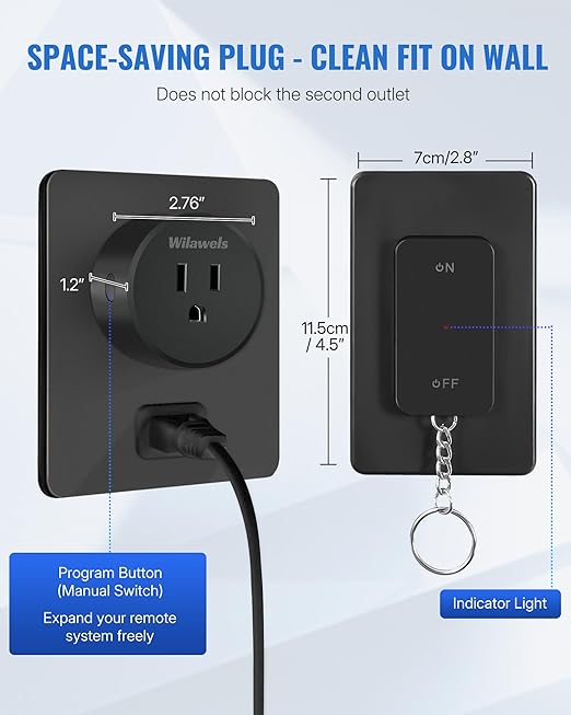 Black Remote Control Outlet, WILAWELS Wireless Light Switch with Magnetic Base, On Off Remote Outlet Switch for Lamps, Appliance, 100ft RF Range, 15A/1875W, Pre-Programmed, FCC Listed H09RC1106