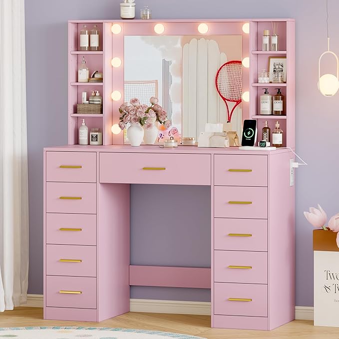 Makeup Vanity with Drawers, 43" Pink Vanity Desk with Mirror and Lights, 11 Drawers & 4 Shelves, Power Outlet & Adjustable LED Lights, Dressing Table for Women & Girls Bedroom