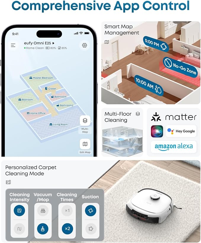 eufy E25 Robot Vacuum and Mop Combo, 20,000 Pa, HydroJet Roller Mop | Extendable Side Brush, All-in-One Station, AI Obstacle Avoidance, Zero-Tangle Design, Edge-to-Corner Cleaning, White