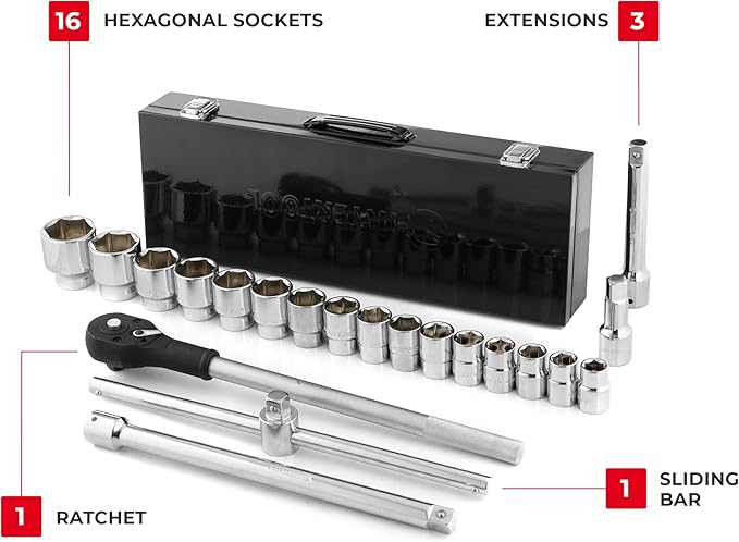 INTERTOOL 3/4-inch Drive Metric Jumbo Socket Set, 19-50 mm, 21-Piece, Quick Release Ratchet, Extensions, Sliding Bar, Metal Case, Remove Lug Nuts, Cars, Trucks, RVs, Heavy Duty Vehicles, ET08-8321