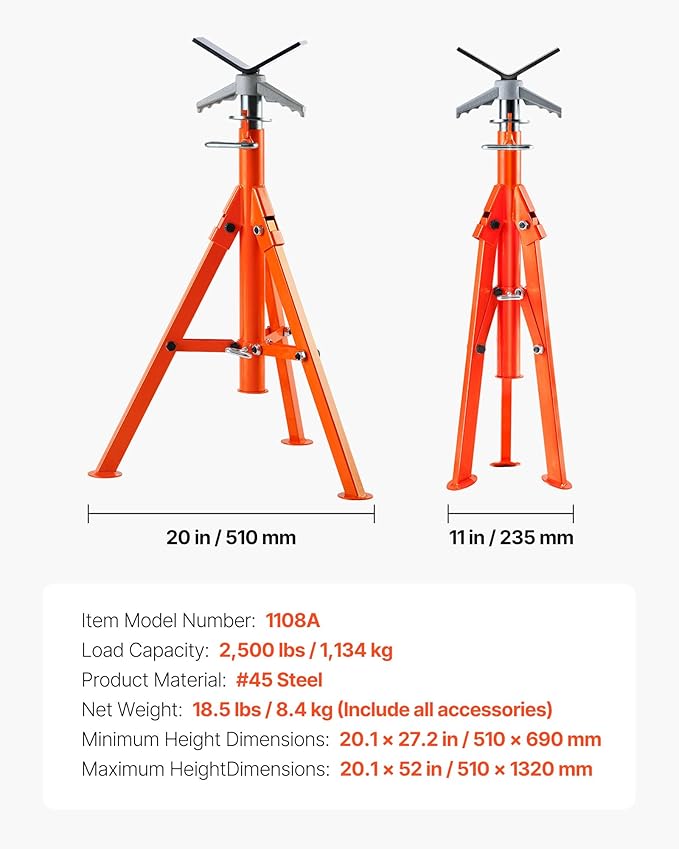 VEVOR Pipe Stand, 2500LBS Heavy Duty Pipe Jack Stands, 27.2"-52" Height Adjustable V Head Pipe Stand, 45# Steel Folding Jack Stand for 1/2-12 inches Pipes