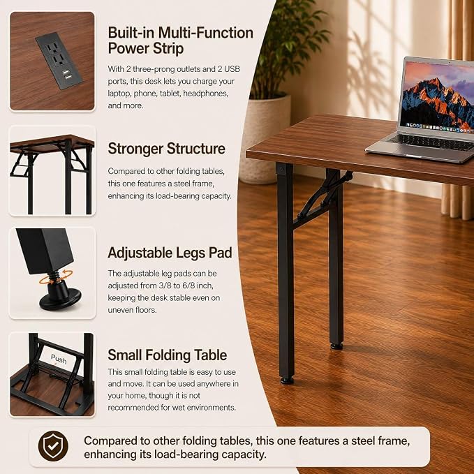Folding Table Computer Desk - 55.1" No Assembly Folding Desk with Power Outlets & USB Charging Port, Small Desk, Foldable Office Desk, Compact Storage Portable Use for Small Space, Dark Walnut