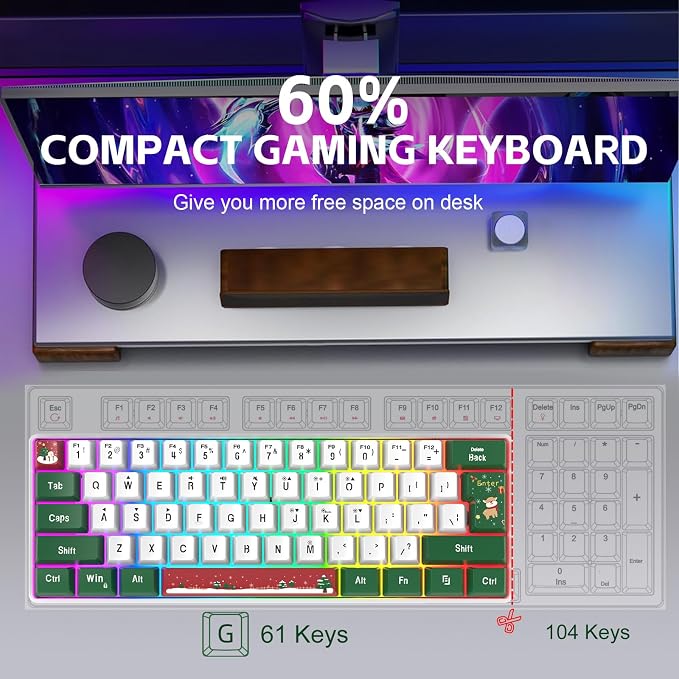 Snpurdiri 60% Wired Gaming Keyboard, RGB 61-Key (Red Green White) | Backlit Small Ultra-Compact 60 Percent Gaming Keyboard for PC/Mac Gamer, Typist, Travel, Easy to Carry on Business Trip
