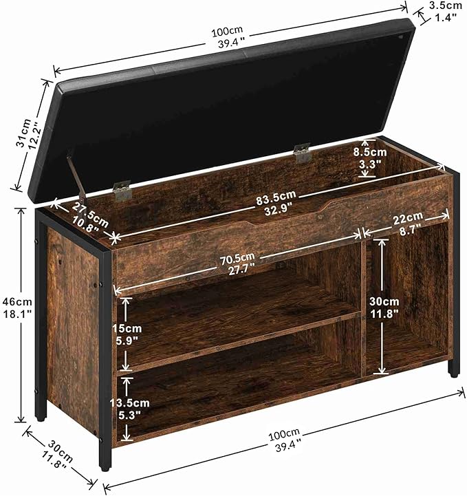 Shoe Bench, Lift Top Shoe Storage Bench, Adjustable Shelf Entryway Bench, Metal and Wood Shoe Rack Organizer with Cushion for Entry, Bedroom, Closet, Living Room, Hallway (Brown, 39.5)