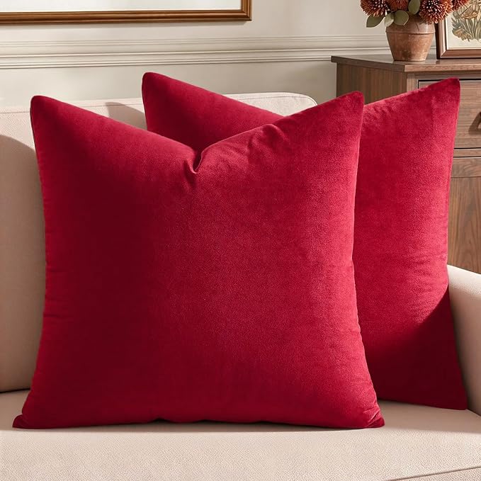 MIULEE Velvet Throw Pillow Covers 18x18 Inch Pack of 2 Red | Soft Solid Decorative Pillow Covers, Modern Luxury Home Decor, for Couch Chair Sofa Bedroom Livingroom