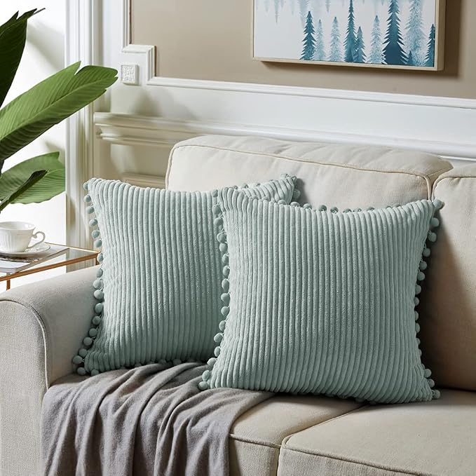 Fancy Homi Set of 2 Grey Blue Decorative Throw Pillow Covers 14x14 Inch with Pom-poms for Couch Bed Sofa, Modern Farmhouse Boho Home Decor, Soft Plush Corduroy Cute Cushion Case 35x35 cm