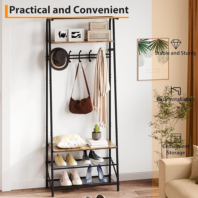 Coat Rack, Floorstanding Hall Tree with Shoe Rack, Wooden and Metal Coat Stand, Industrial Clothes Rack, for Hallway, Living Room, Bedroom, 25.2''x11.4''x70'', Rustic Brown