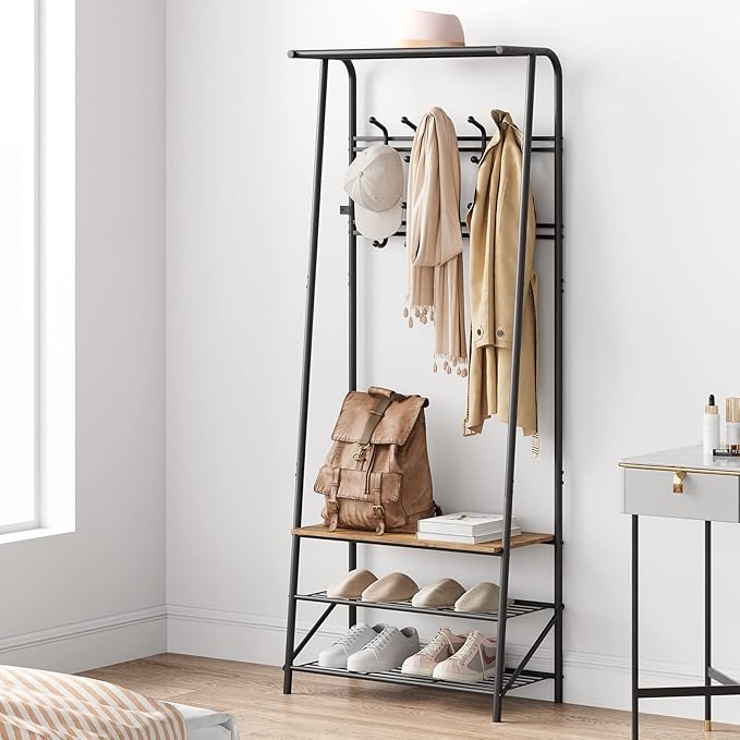4-in-1 Hall Tree with Shoe Storage Bench & 10 Hooks – Freestanding Entryway Coat Rack, Double Row Hooks, Metal Frame, Rustic Brown Wood – Living Room, Bedroom, Foyer – 60cm Width