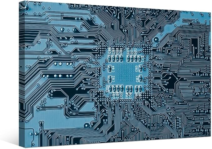Digital Age Wall Art for Living Room CPU Concept Wall Painting Electronic Board Canvas Wall Art Technology Contemporary Home Decor 1 Panels Blue Electronic Circuit Inside Picture Framed 12X16 INCH