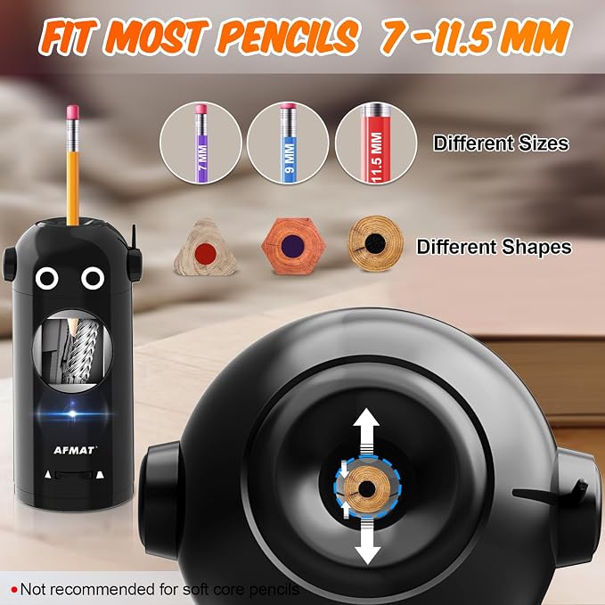 AFMAT Electric Pencil Sharpener for Colored Pencils 7-11.5mm, Fully Automatic Robot Pencil Sharpener, Auto in & Out, Rechargeable Hands-Free for Classroom/Home/Office, Battery Operated, PSX5RB, Black